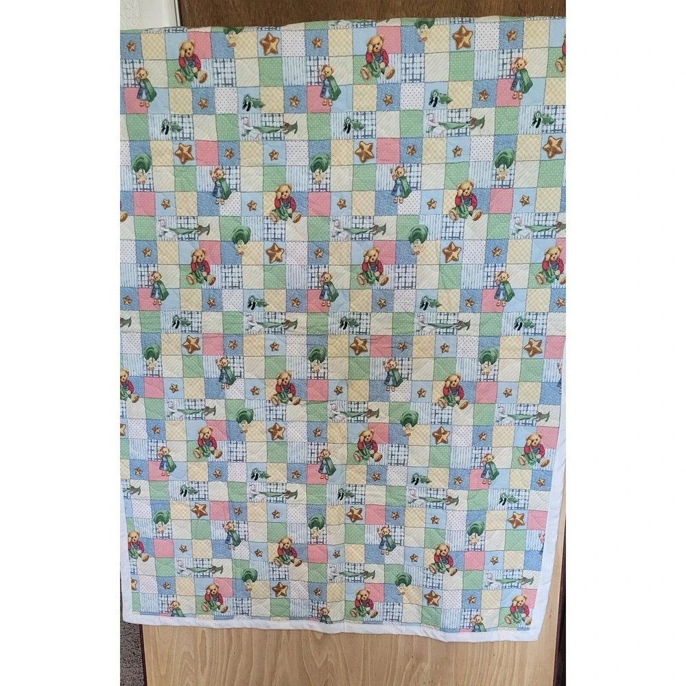 Vintage Teddy Bear Patchwork Quilted Baby Blanket Blue Gingham‎ Stars 34x44